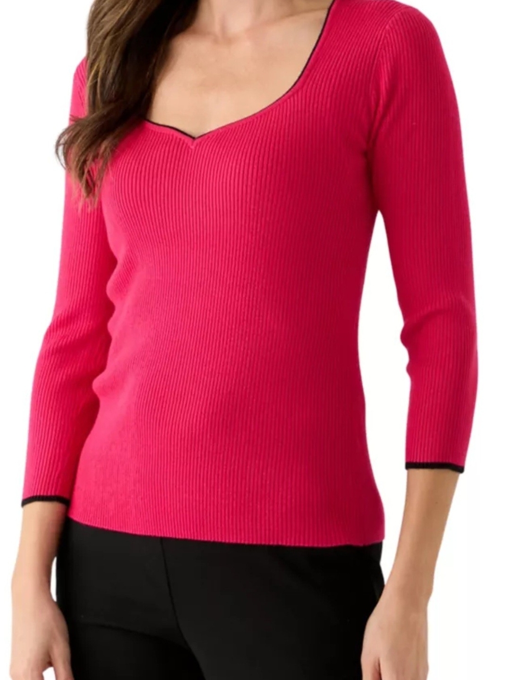 T Tahari Fushia Pink Sweetheart Neck Sweater With Black Edge Sz XL NWT